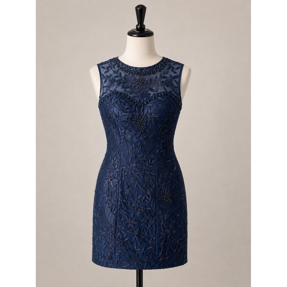 Sue Wong Nocturne Dress Size 0 Navy Beaded Embroidered Illusion Sheath Cocktail